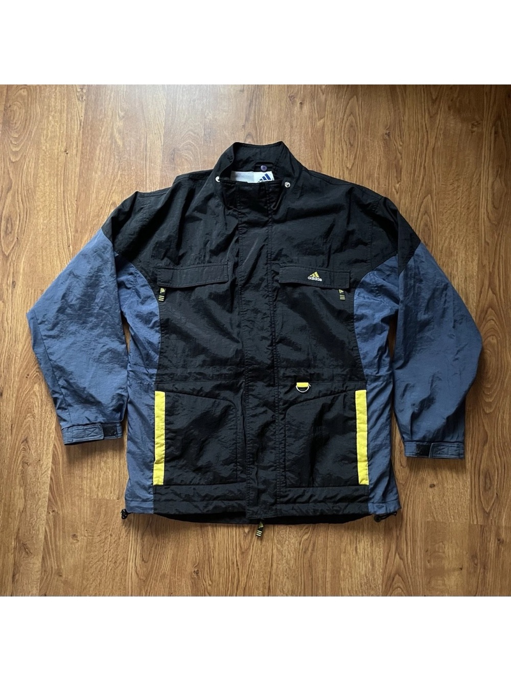 adidas Men's Black Windbreaker Jacket with Blue Sleeves and Yellow Trim